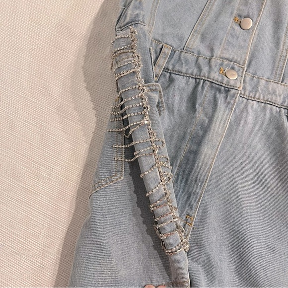 Blue B Rhinestone Fringe Light Wash Denim Romper Western Sparkle Size Small - Picture 12 of 15